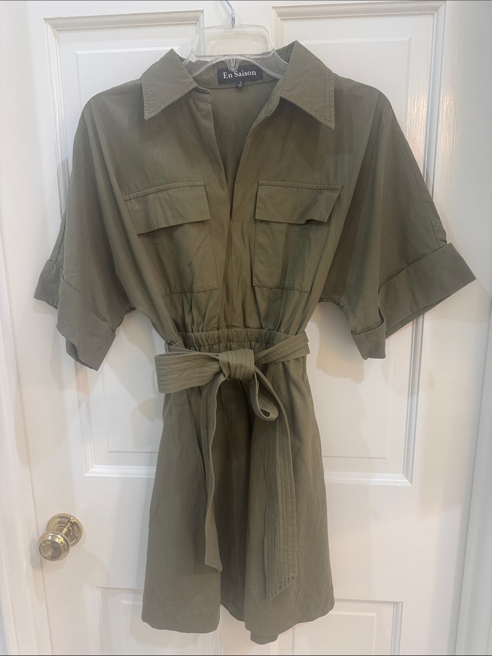 En Saison Olive Green Utility Shirt mini dress with Tie